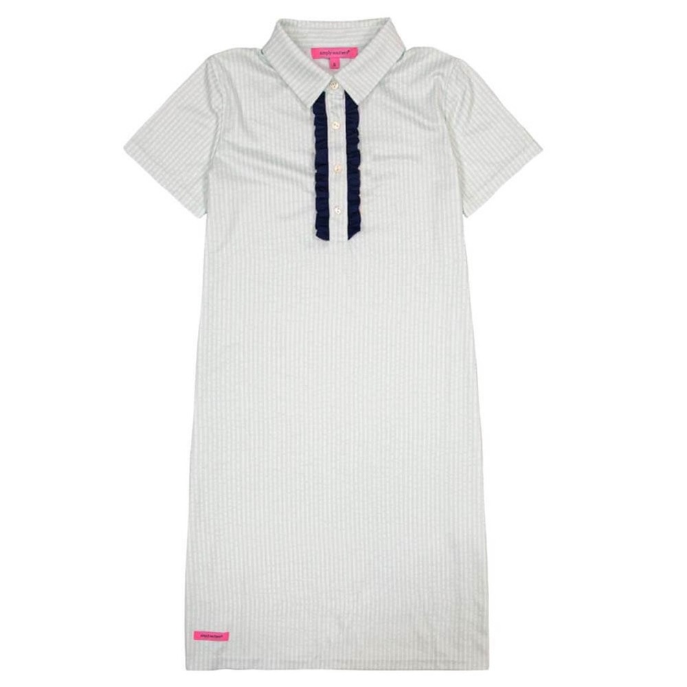 Simply Southern Ruffle Polo Knit Short Sleeve Dress Glass Navy Mint Color M